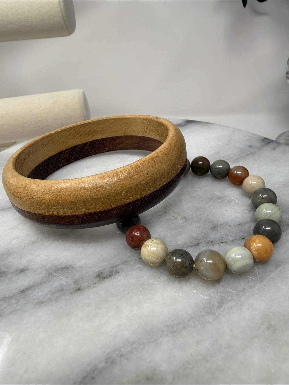 Vintage Wood and Natural Stone Bracelet Stack
